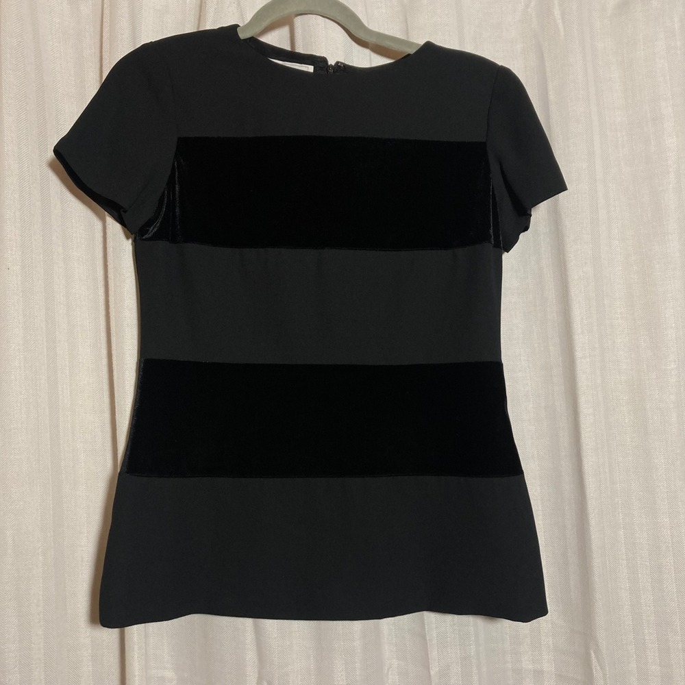 Vintage Warren Petites Black Velvet Stripe Short Sleeve Blouse Top 4 Zip Back